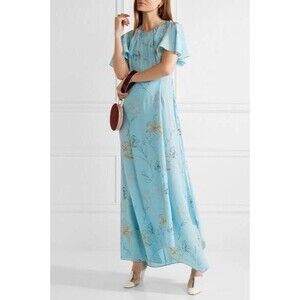 Diane Von Furstenberg 100% Silk Flutter Sleeve Maxi Dress Floral Sky Blue 4